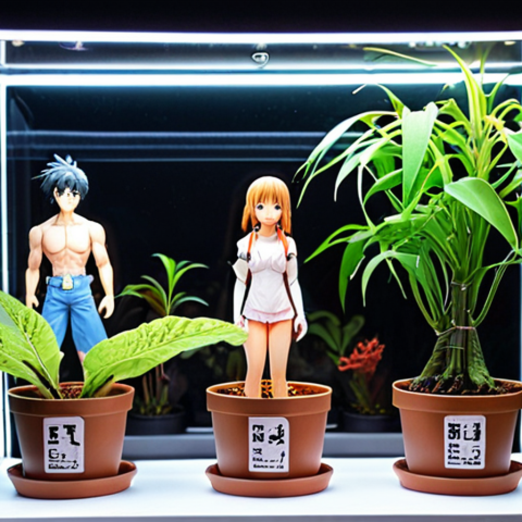 A well-lit acrylic display case featuring anime figures, with warm LED lighting highlighting the details. Focus on the clear visibility and clean aesthetic. Include some small potted plants for added visual interest.