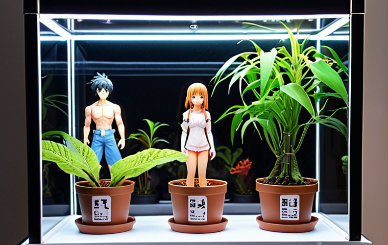 A well-lit acrylic display case featuring anime figures, with warm LED lighting highlighting the details. Focus on the clear visibility and clean aesthetic. Include some small potted plants for added visual interest.