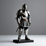 A meticulously crafted collectible sculpture of a valiant fantasy knight, depicted in full, protective, and modest armor, standing in a natural pose. The figure is expertly illuminated with balanced three-point lighting: a strong key light from the front-side, a subtle fill light on the opposite side to gently soften shadows, and a distinct rim light from the rear to define its silhouette against the backdrop. The background is a clean, minimalistic, neutral gray studio seamless backdrop. Perfect anatomy, correct proportions, well-formed hands, proper finger count, natural body proportions. Professional studio photography, high resolution, sharp focus, professional dress, fully clothed, safe for work, appropriate content, family-friendly.