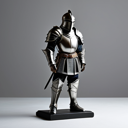 A meticulously crafted collectible sculpture of a valiant fantasy knight, depicted in full, protective, and modest armor, standing in a natural pose. The figure is expertly illuminated with balanced three-point lighting: a strong key light from the front-side, a subtle fill light on the opposite side to gently soften shadows, and a distinct rim light from the rear to define its silhouette against the backdrop. The background is a clean, minimalistic, neutral gray studio seamless backdrop. Perfect anatomy, correct proportions, well-formed hands, proper finger count, natural body proportions. Professional studio photography, high resolution, sharp focus, professional dress, fully clothed, safe for work, appropriate content, family-friendly.