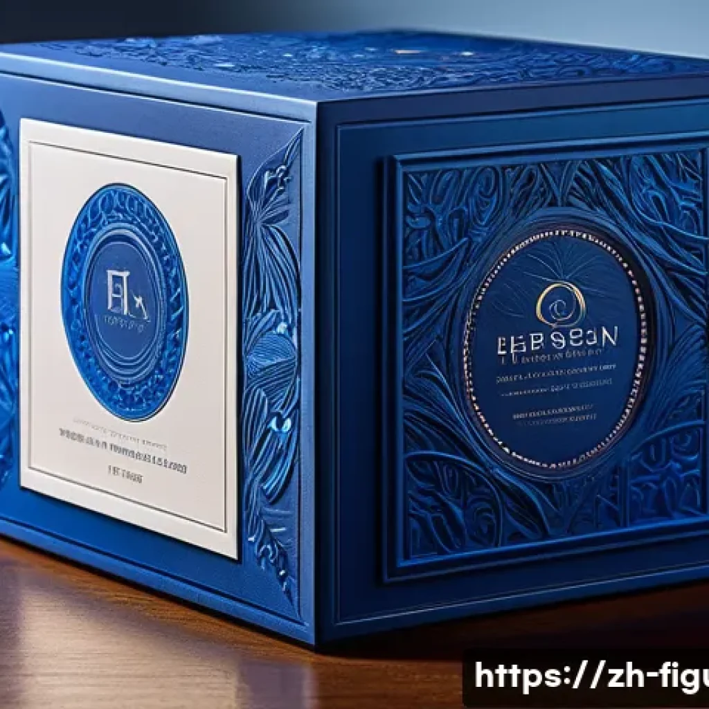 피규어 패키지 디자인 분석 - A high-end collectible figure packaging design featuring vivid red and low-saturation blue color con...