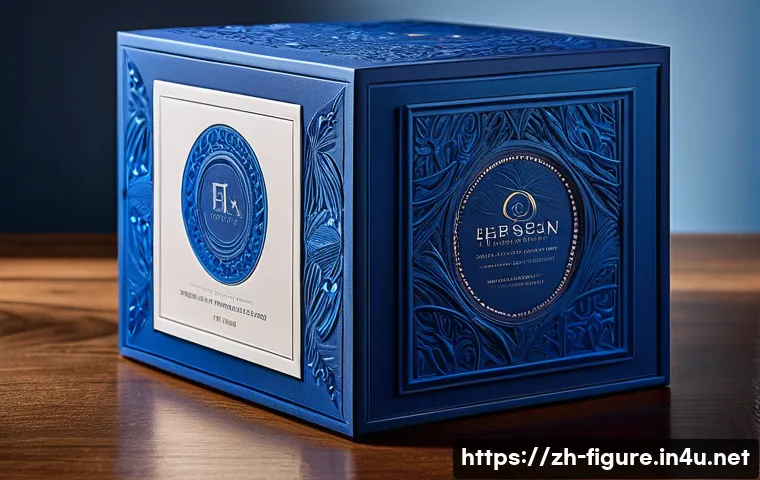 피규어 패키지 디자인 분석 - A high-end collectible figure packaging design featuring vivid red and low-saturation blue color con...