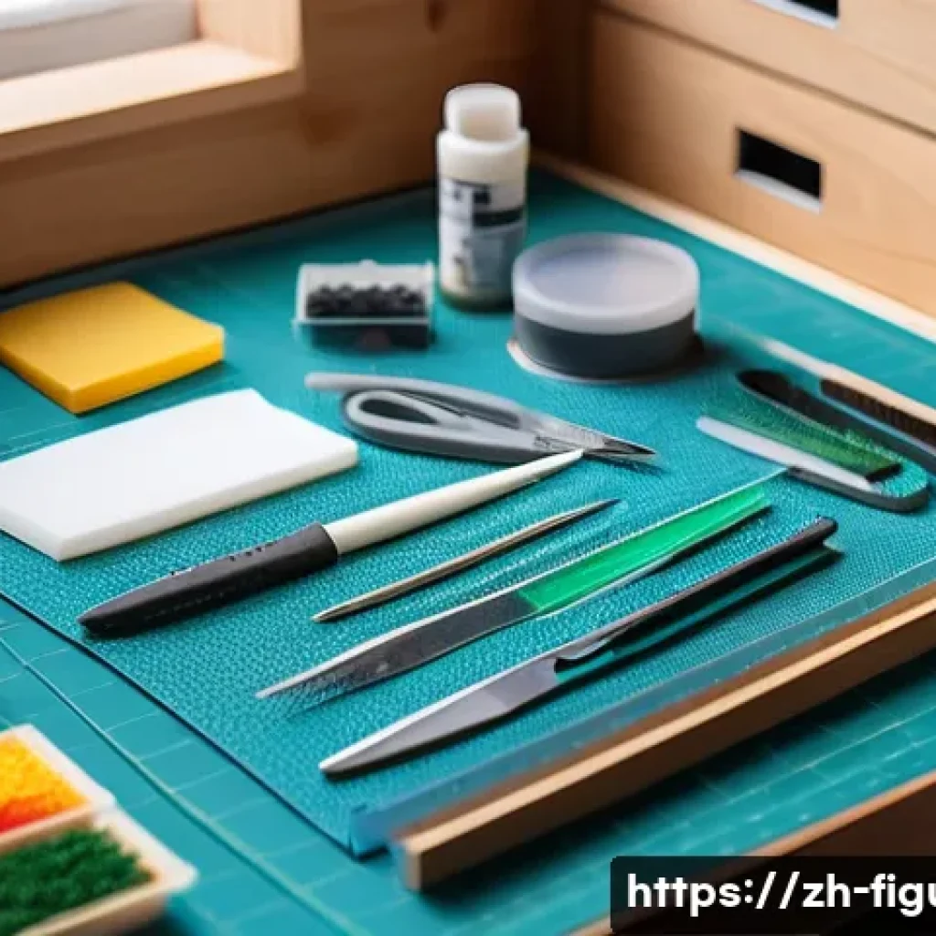 피규어 조립 키트 제작 방법 - A bright, clean hobby workspace featuring a well-organized workbench with tools for assembling plast...