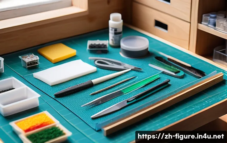 피규어 조립 키트 제작 방법 - A bright, clean hobby workspace featuring a well-organized workbench with tools for assembling plast...