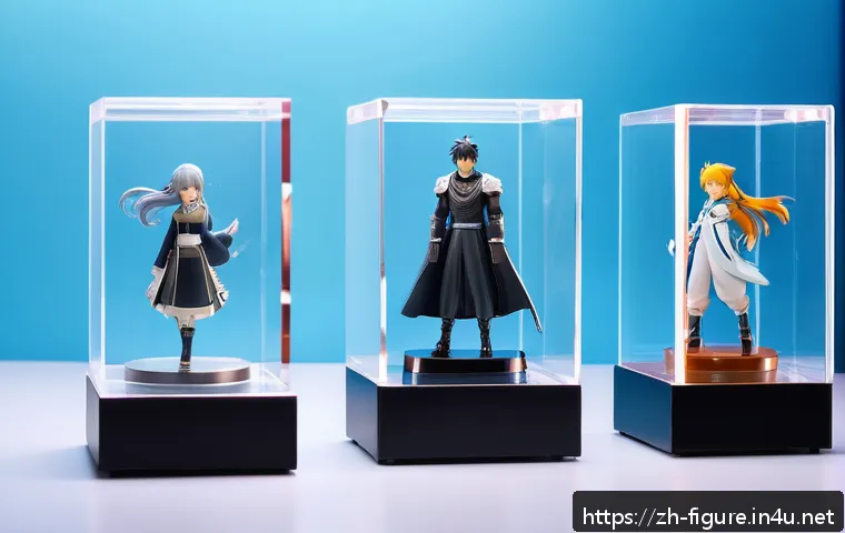 피규어 보관 방법 - A high-quality display cabinet scene showing detailed anime-style PVC figurines inside a UV-protecte...