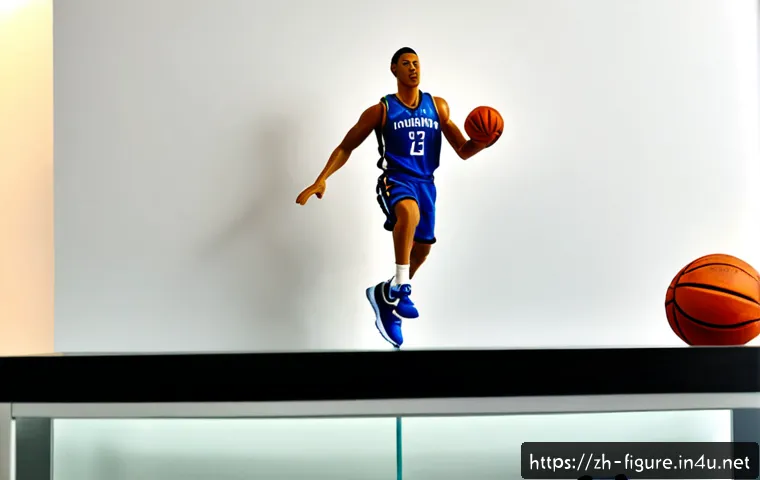 스포츠 선수 피규어의 인기 비결 - Photorealistic sports collectible figurine of a generic basketball player frozen in a dynamic mid-ju...