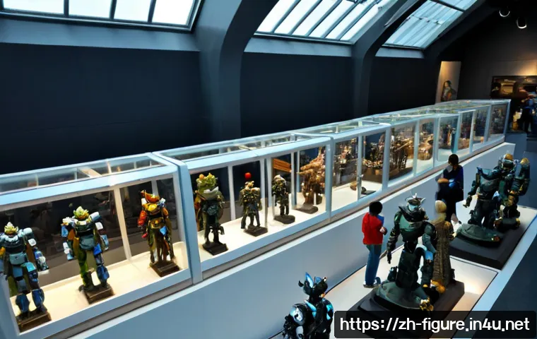 전세계 유명 피규어 박람회 소개 - Photorealistic wide-angle view of an international collectible figure convention inside a modern exh...